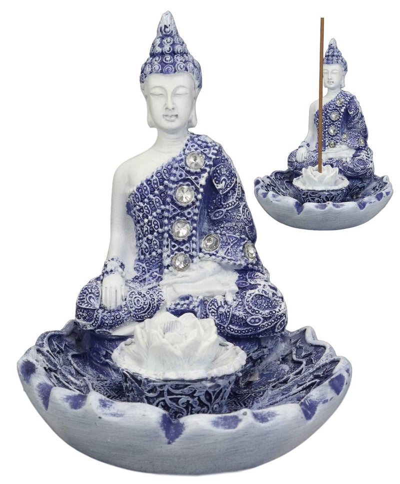 Ebros Gift Bhumisparsha Mudra Buddha Amitabha Meditating by Padma Lotus Flower Incense Holder Burner Figurine in Terracotta Blue and White 4.25" High Buddhist Eastern Enlightenment Feng Shui Decor