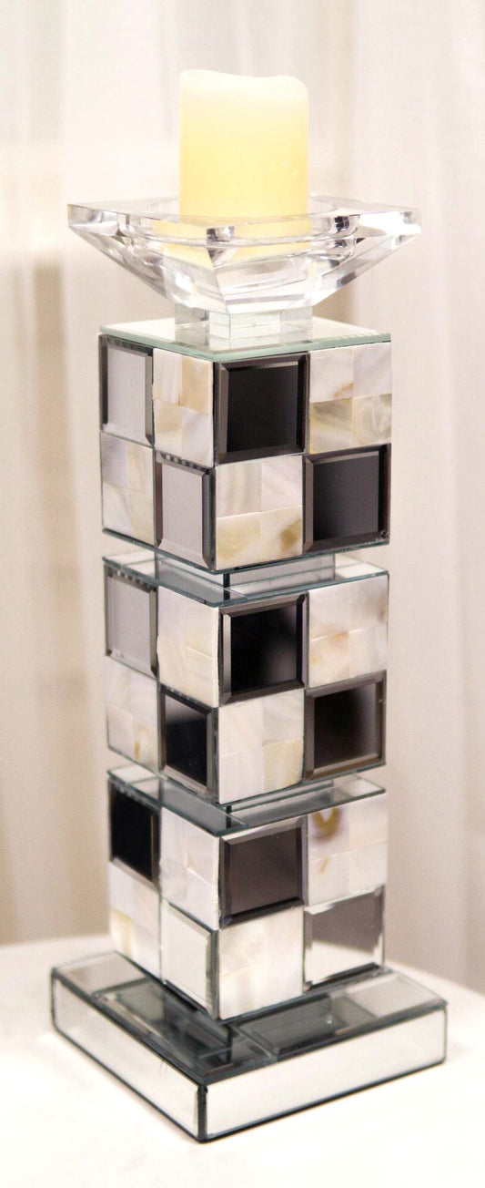 Modern Beveled Mirrors Capiz Shells Decorative Checkered Pillar Candle Holder