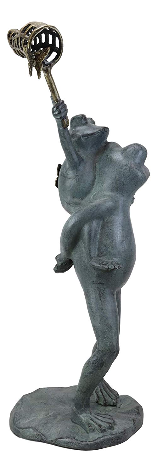 Ebros Gift 25.25" Tall Aluminum Metal Whimsical Father and Son Frog Family with Net Chasing Butterfly Garden Statue Frogs Patio Pool Pond Lawn Yard Decorative Sculpture Feng Shui Zen Accent - Ebros Gift