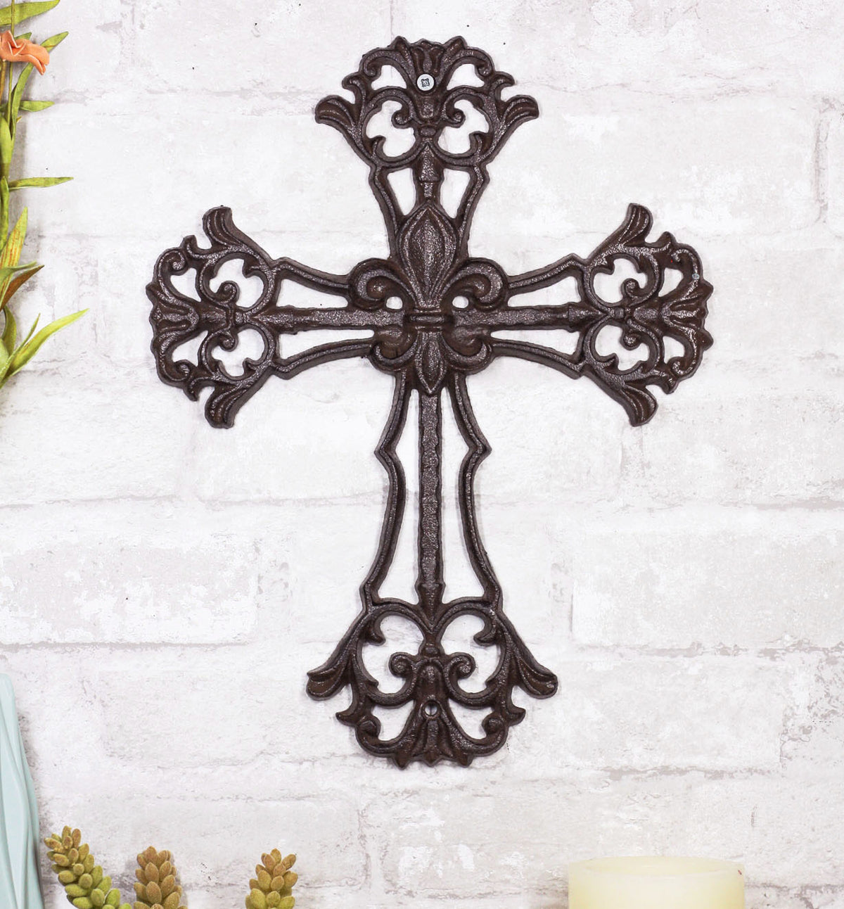Cast Iron Rustic Southwest French Lily Fleur De Lis Scroll Art Wall Cross Decor