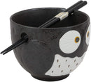 Ebros Whimsical Ceramic White And Black Owl Ramen Bowl and Chopsticks Set of 2