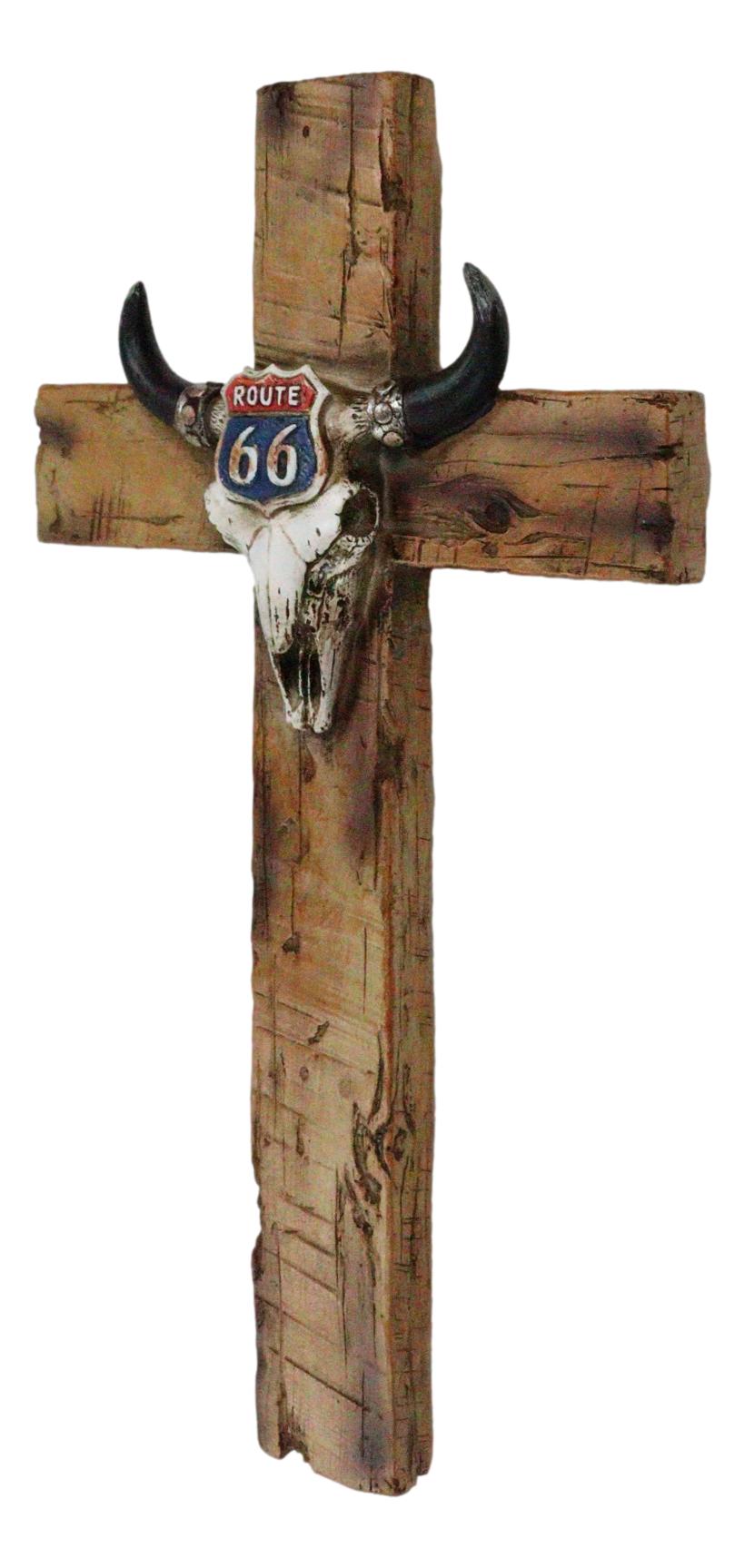 Rustic Western Cow Skull Nostalgic Route 66 Highway Sign Faux Wooden Wall Cross