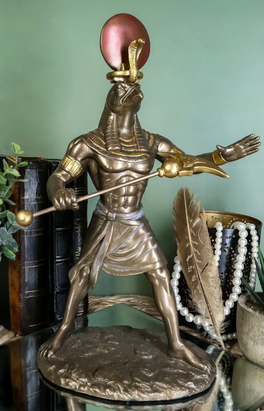 Ebros Egyptian Mythology God Horus Ra with Sun and Uraeus Disc Statue in Faux Bronze Resin Gods of Egypt Deity of War & Sky Falcon Heru Figurine 11" Tall Home Decor Sculpture - Ebros Gift
