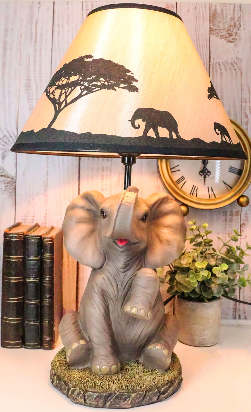 African Safari Glow Sitting Elephant with Trunk Up Desktop Table Lamp With Shade