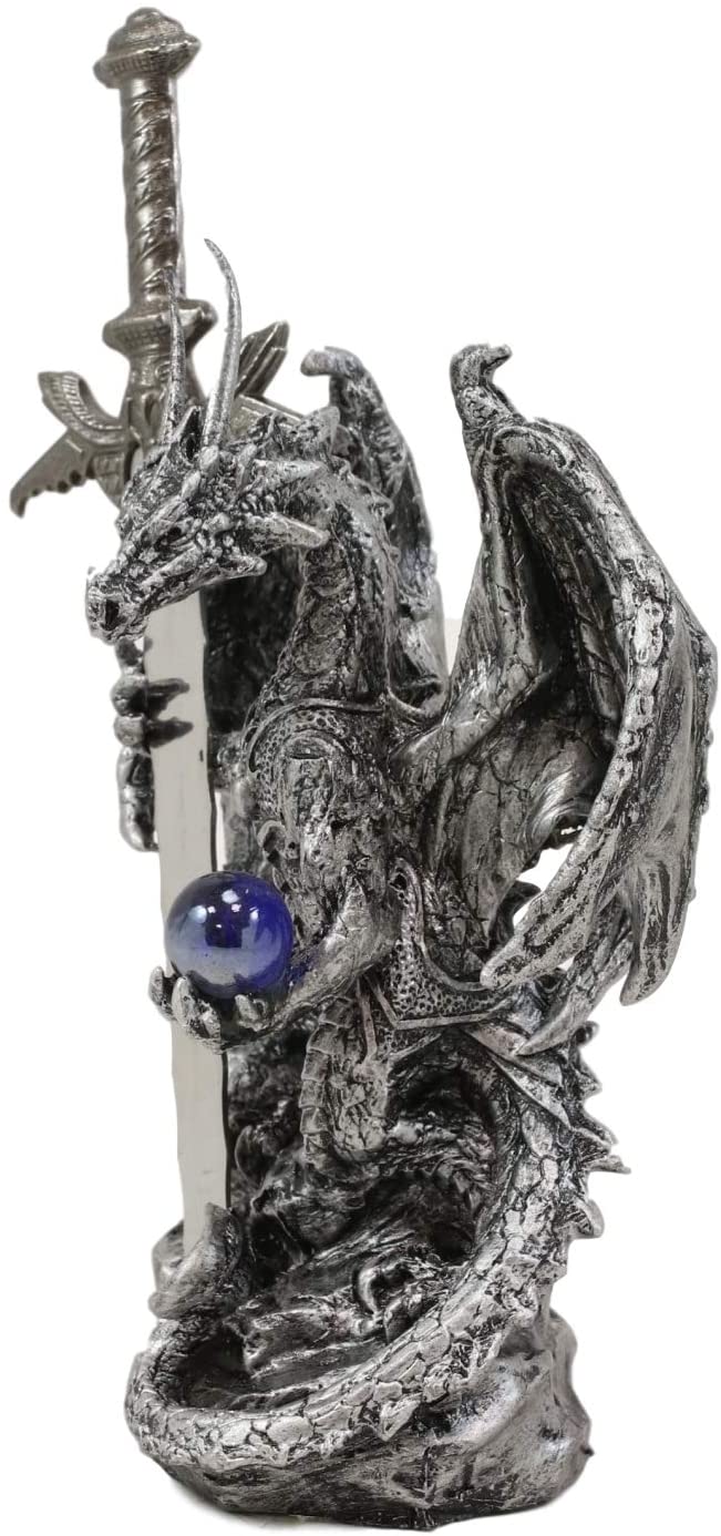Legendary Silver Dragon Carrying Orb and Excalibur Sword Letter Opener Figurine