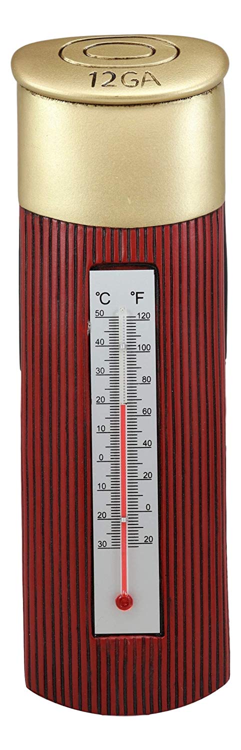 Ebros Western 12 Gauge Shotgun Shell Ammo Bullet Indoor Wall Thermometer Hanging Plaque Figurine 10.5" High Rustic Cabin Lodge Outdoors Hunter Home Decor Collection for Reading Temperature
