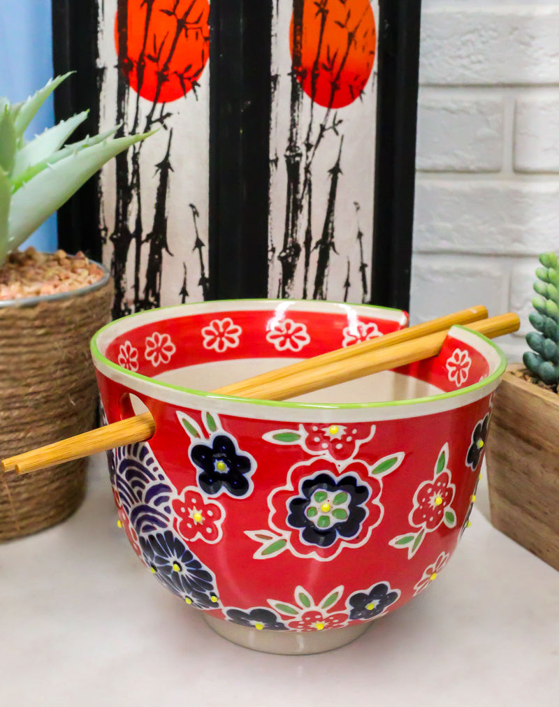 Red Floral Frost Flakes Pasta Ramen Noodles Soup Rice Bowl With Chopsticks Set