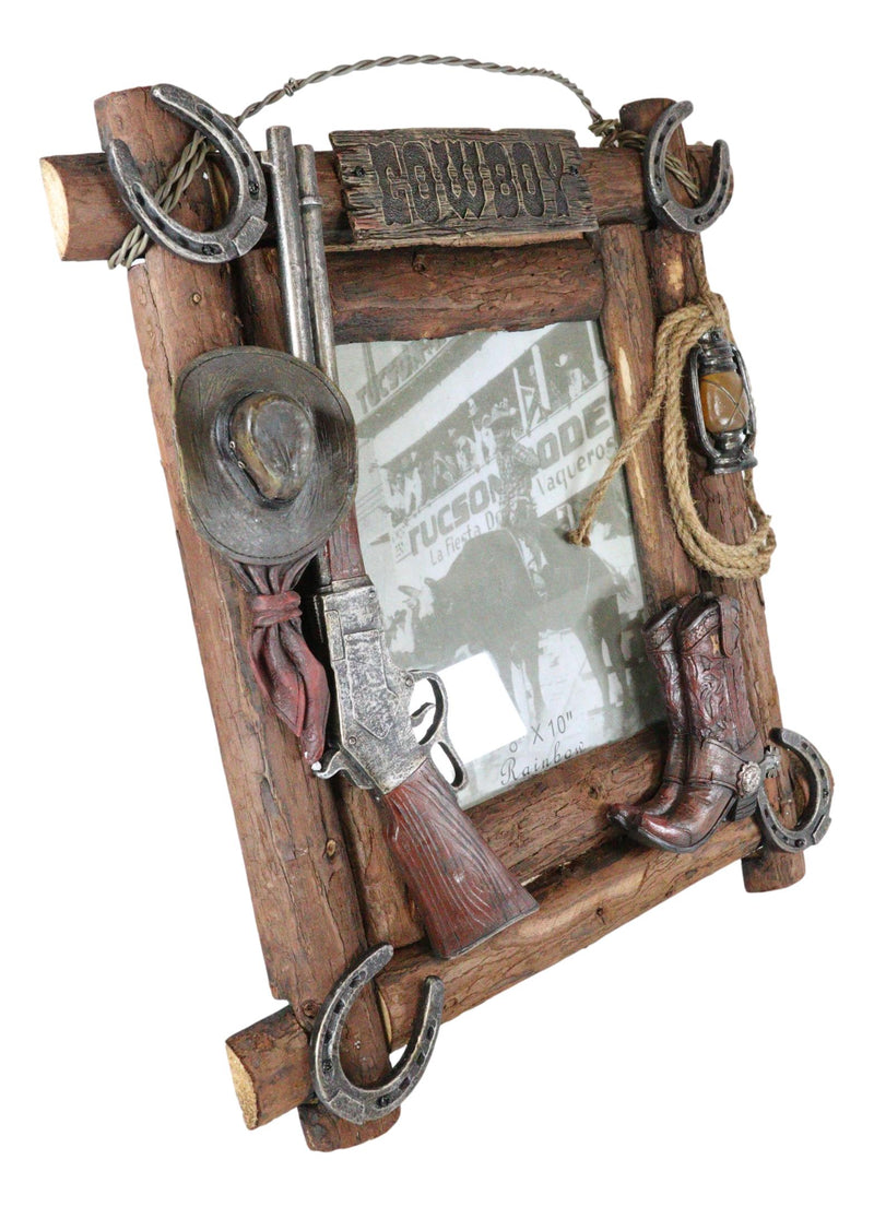 Rustic Western Cowboy Hat Rifle Boot Spur Horseshoes Lasso Ropes Picture Frame