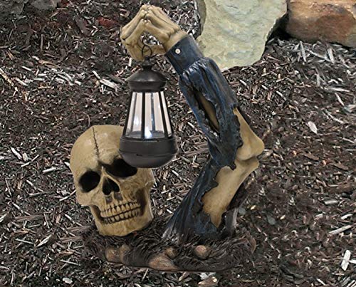 Ebros Gift Death Hallows Skeleton Rising from The Grave Holding Solar Powered Lantern LED Light Patio Decor Figurine Statue Halloween Ossuary Macabre Patio Path Lighter Lamp