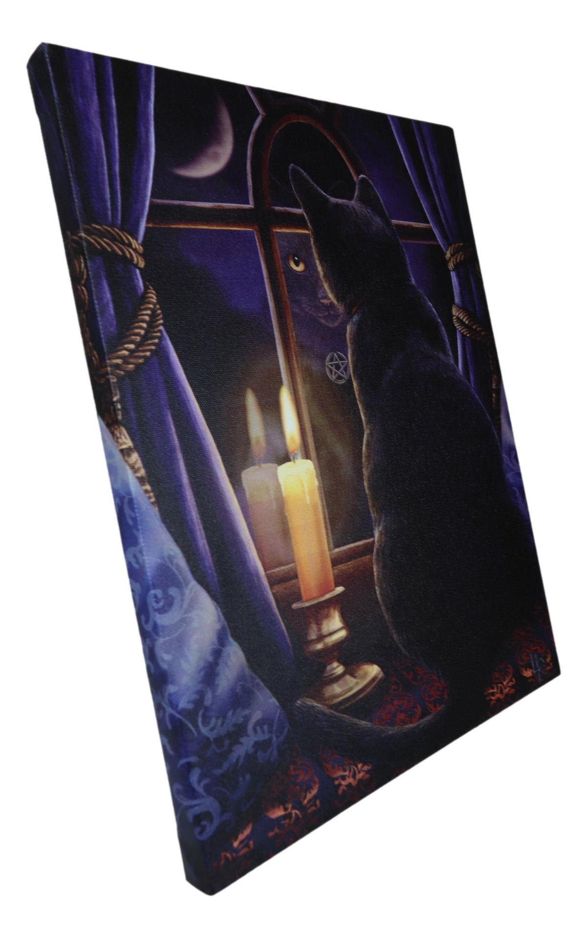 Midnight Vigil Black Cat By Window With Candle Wood Framed Canvas Wall Decor