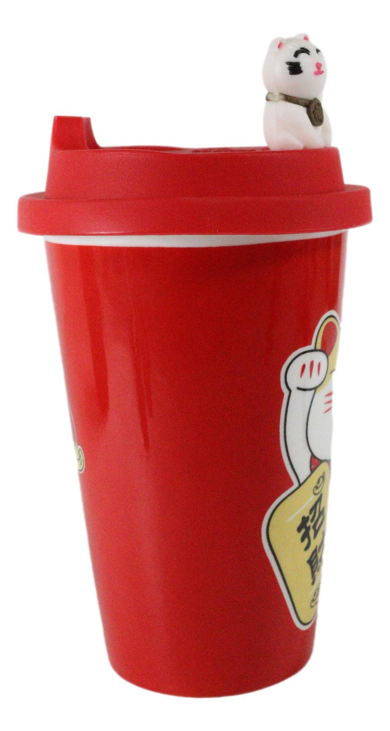 Ebros Gift Lucky Cat Maneki Neko Ceramic Tall Drink Mug Cup With Silicone Lid (Red)