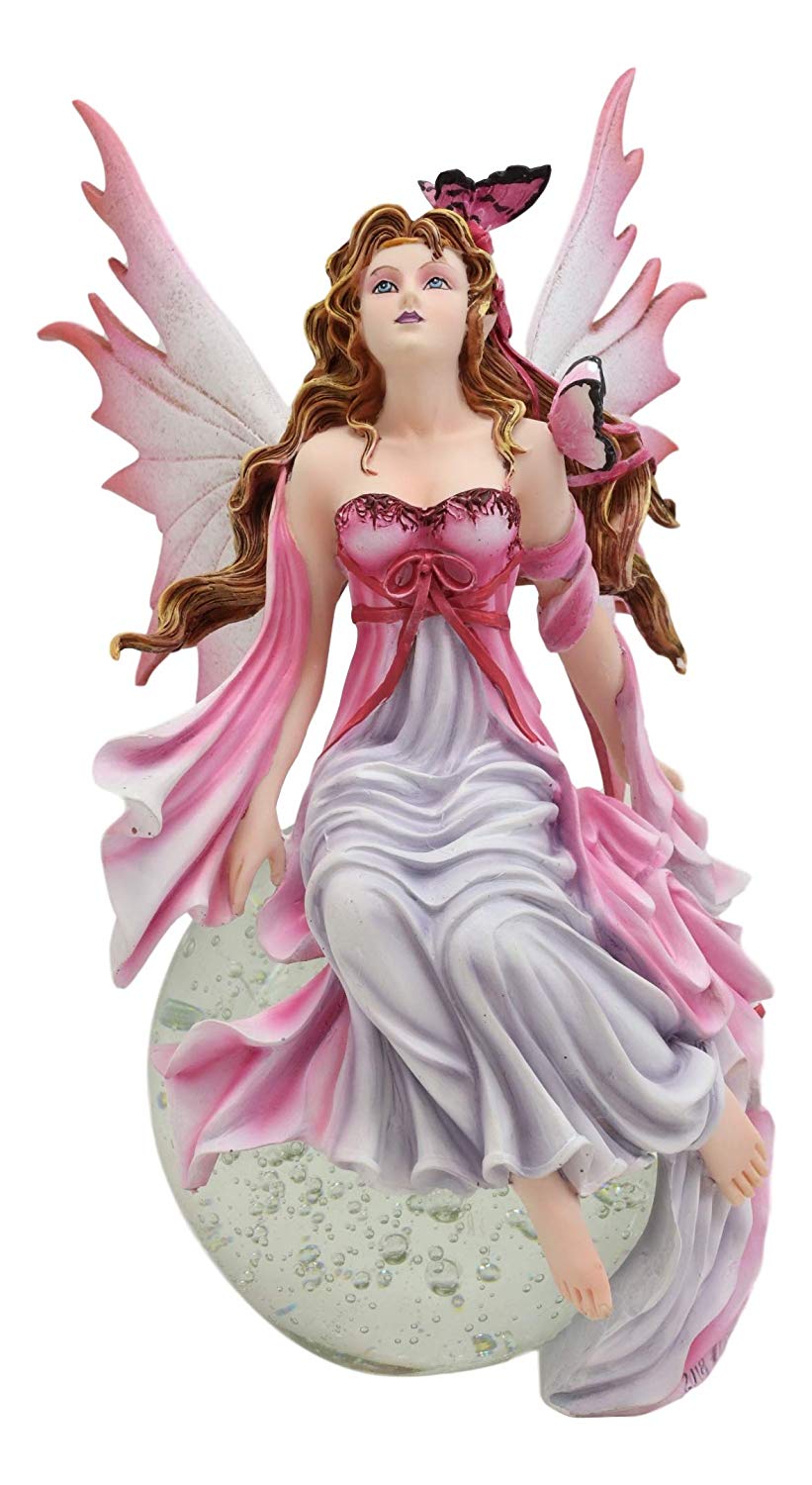 Ebros Daybreak Princess Pink Fuchsia Fairy Sitting On Moon Acrylic Bubble Globe Statue 8.75" Tall Nene Thomas Fantasy Art Angels Fairies Pixies Themed Home Decor Sculpture Figurine