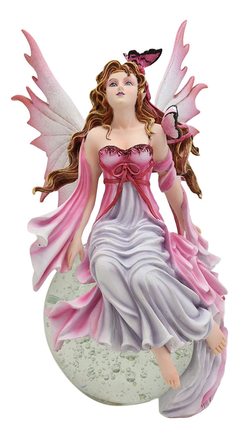 Ebros Daybreak Princess Pink Fuchsia Fairy Sitting On Moon Acrylic Bubble Globe Statue 8.75" Tall Nene Thomas Fantasy Art Angels Fairies Pixies Themed Home Decor Sculpture Figurine