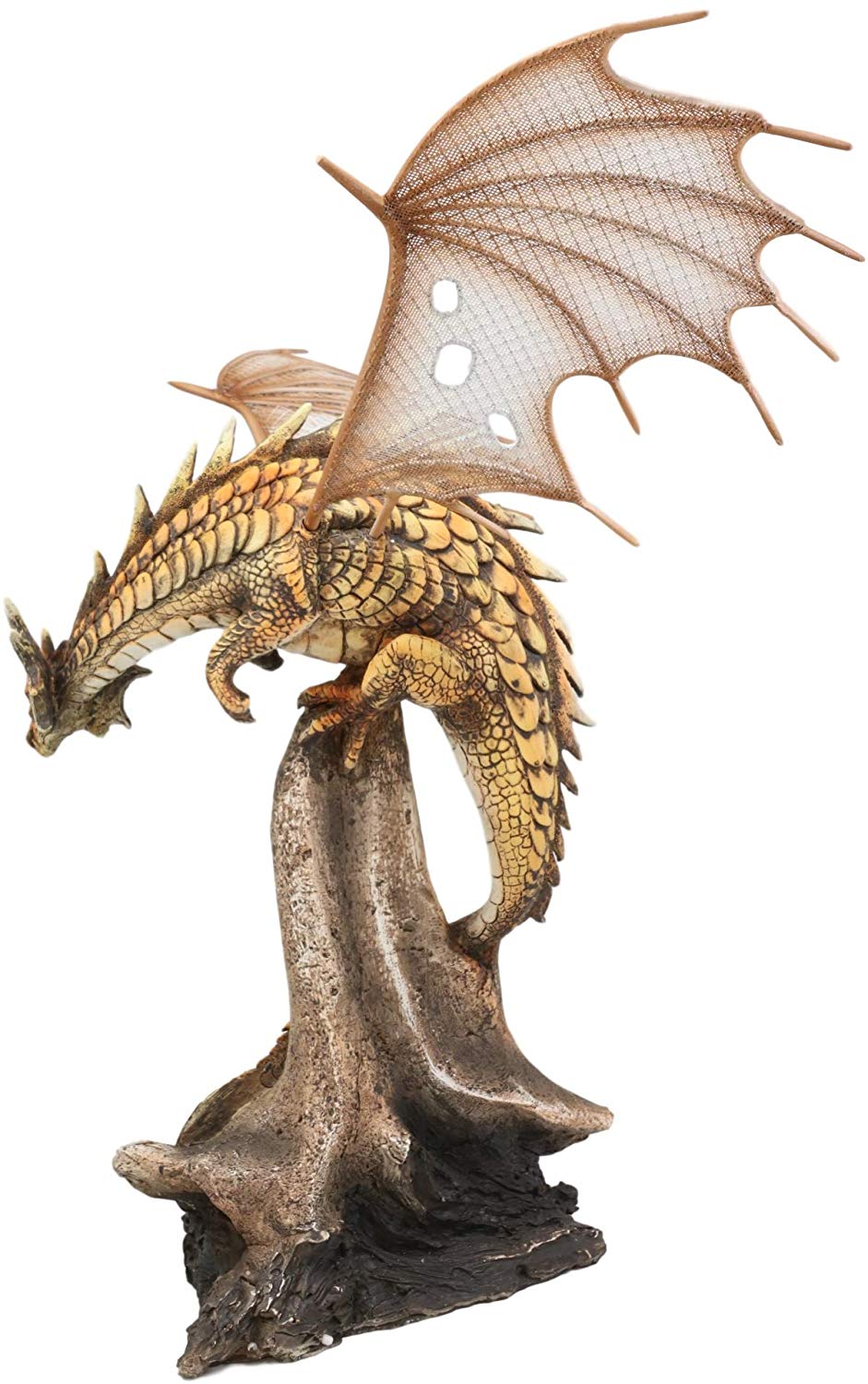 Ebros Gold Color Desert Pterosaur Dinosaur Dragon Perching On Rock Statue 14.5"H - Ebros Gift