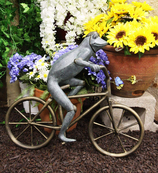 Ebros Gift 26.75" Tall Aluminum Metal Whimsical The Expedition Bicycling Frog with Helmet Garden Stake Statue Frogs Patio Pool Pond Lawn Yard Decorative Sculpture Feng Shui Zen Accent - Ebros Gift