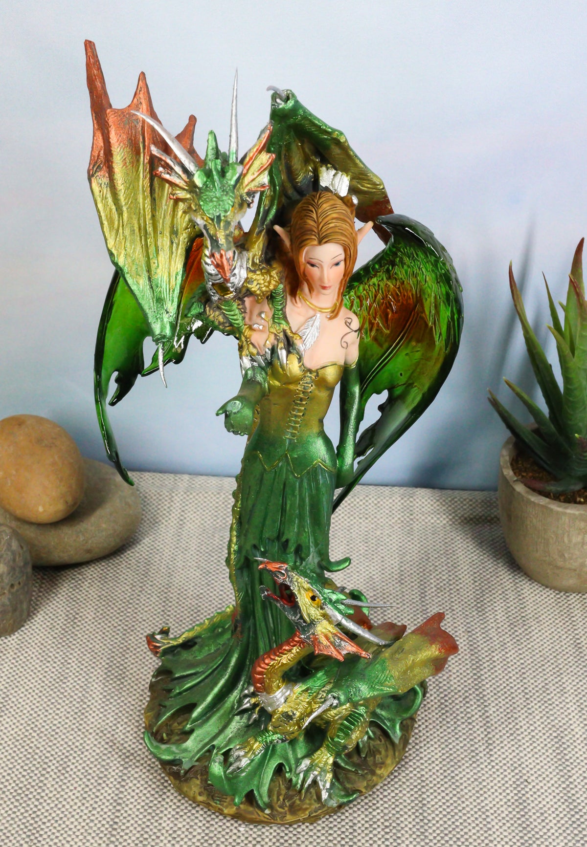 Ebros Gift Emerald Elf Fairy With 2 Green Guardian Dragons Figurine 9"H