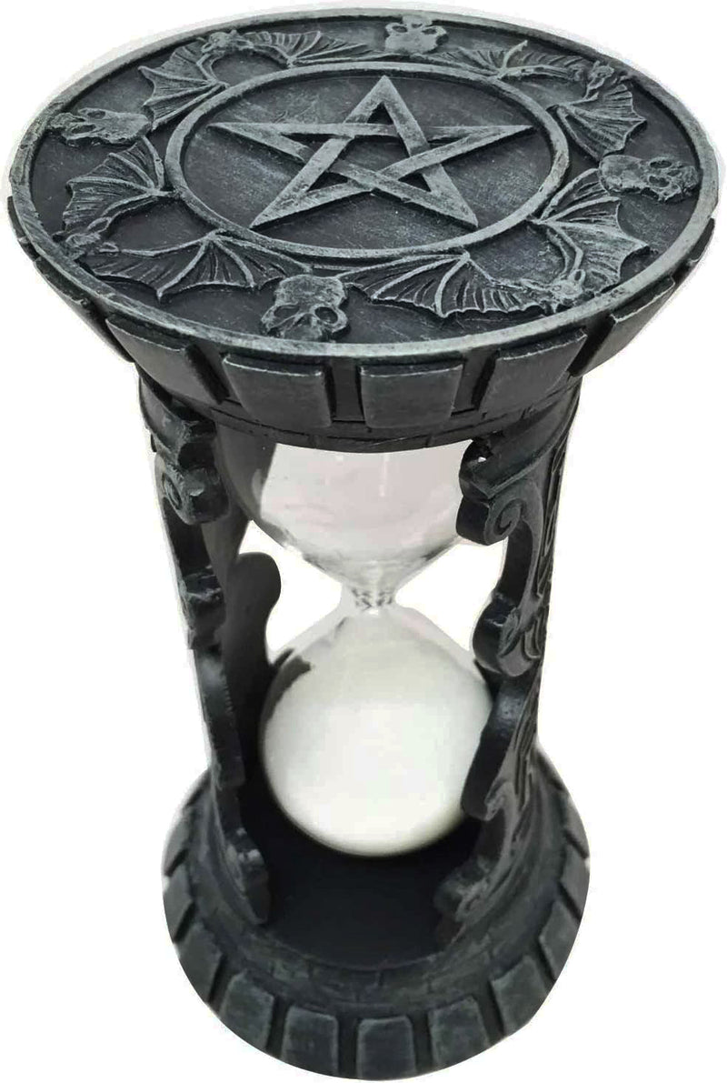 Gothic Pentagram Wicca Circle RIP Bats And Skulls Faux Stone Sand Timer Figurine