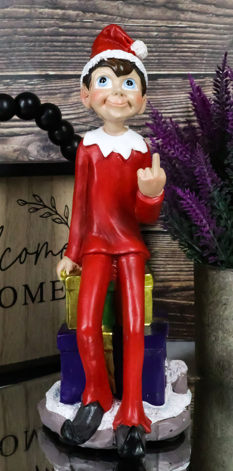 Naughty Christmas Elf Flipping The Bird Sitting On Santa Presents Shelf Figurine