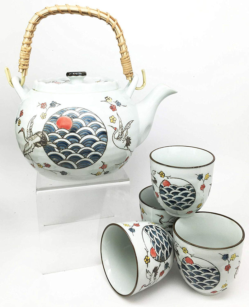 Japanese Design White Stork Bird Flight Ceramic Tea Pot and Cups Set Serves 4