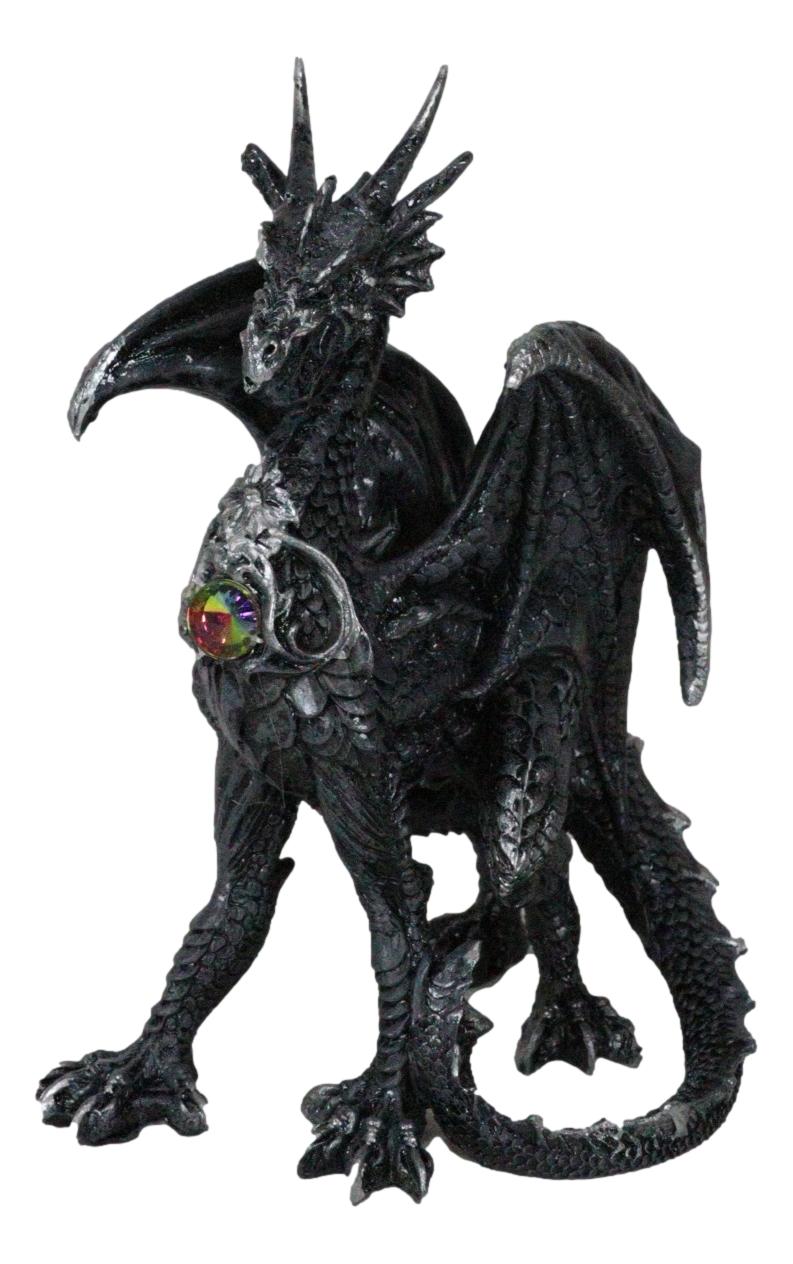 Gothic Fantasy Medieval Ember Crystal Heart Black Dragon Crouching Figurine