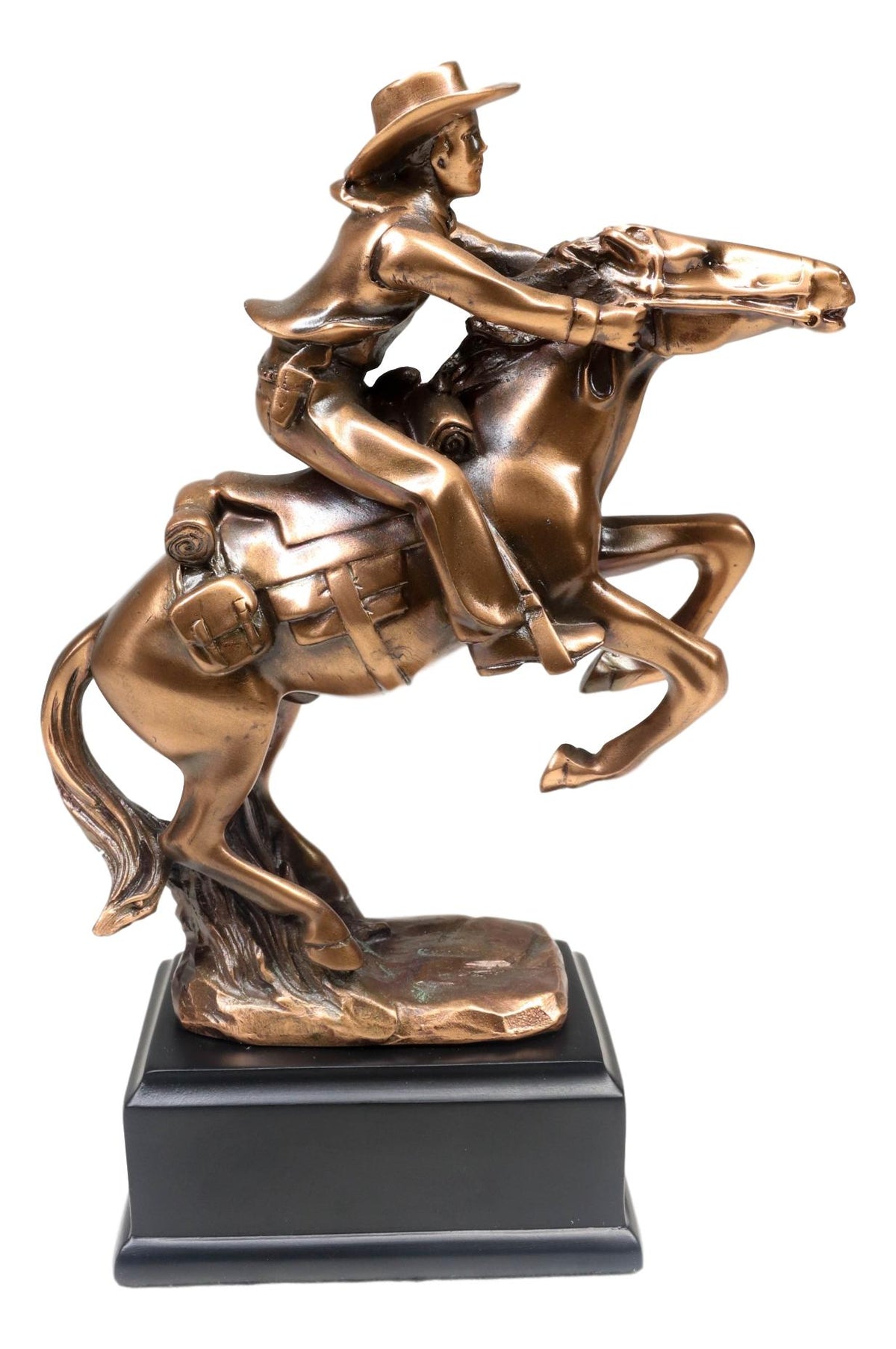 Wild West Cowboy With Rearing Horse In Pursuit Bronze Electroplated Figurine - Ebros Gift