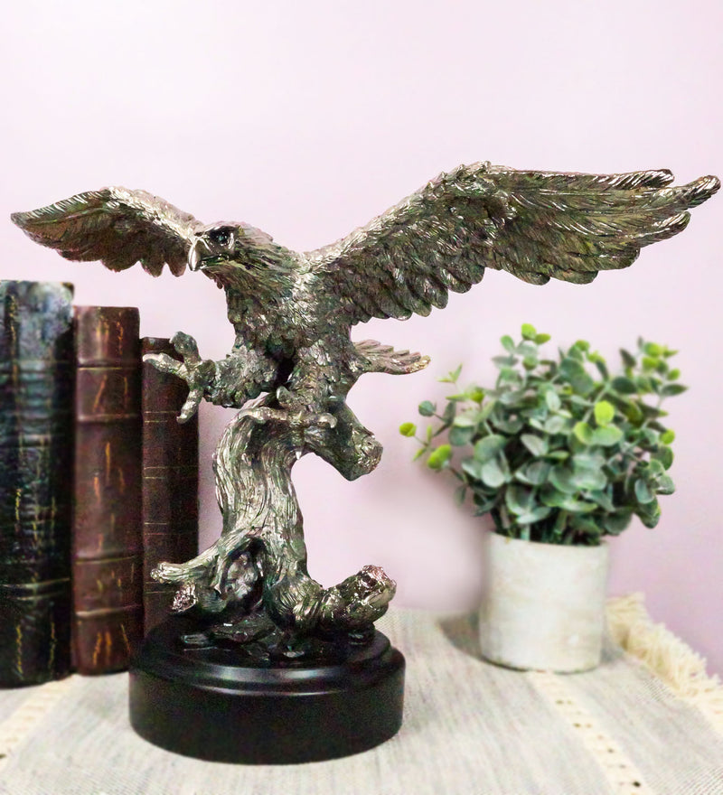 Large Majestic Electroplated Pewter Silver Bald Eagle Catching Prey Statue