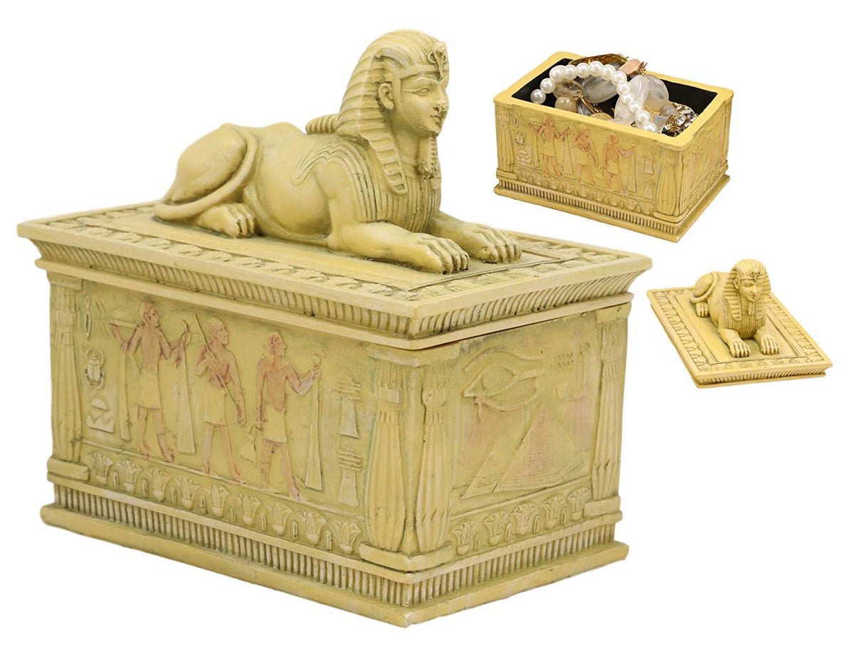 Ebros Egyptian Guardian Sphinx Decorative Rectangular Box in Sandstone Finish 4.25" Long Classical Egypt Monument Androsphinx with Hieroglyphic Deities Jewelry Trinket Box Sculpture - Ebros Gift