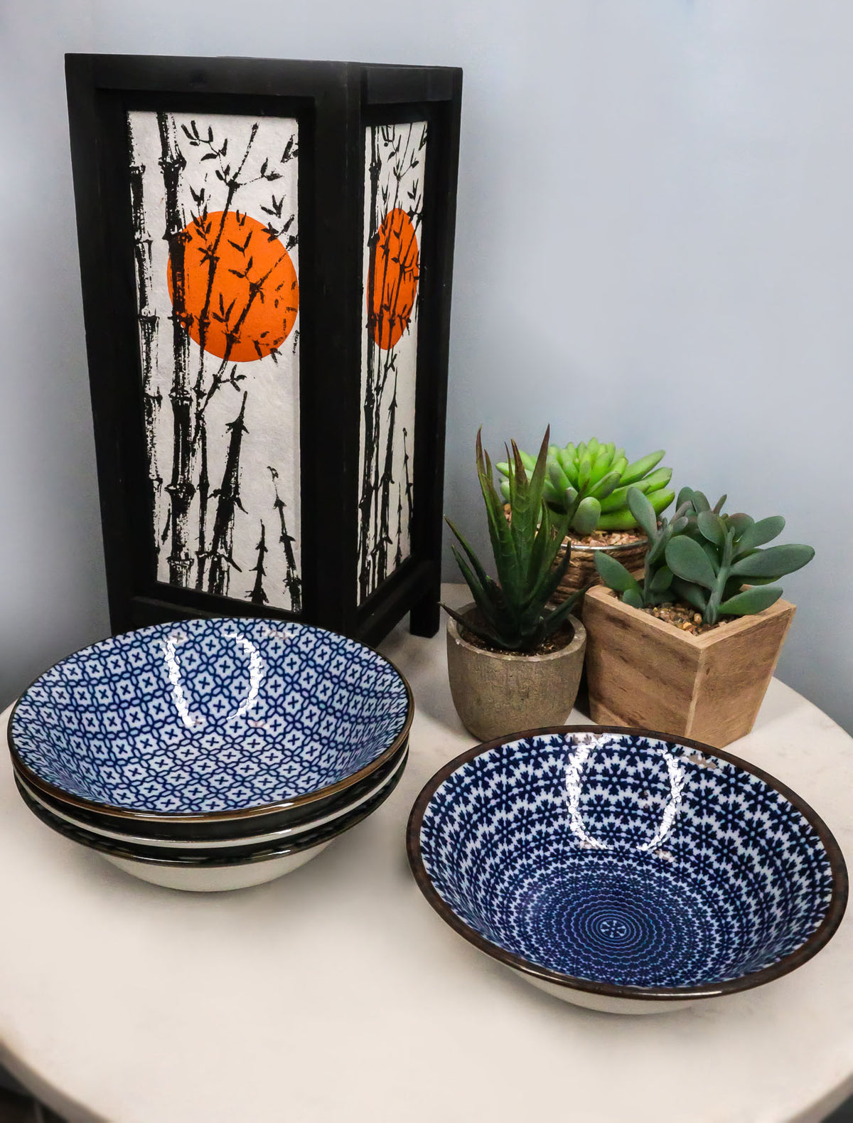 Ebros Made In Japan 4 Piece Geometry Ceramic Dining Rice Meal Soup Bowls 5.5"Diameter