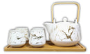 White Faux Marble With Gold Veins Ceramic Tea Pot And Cups With Tray Set For 4