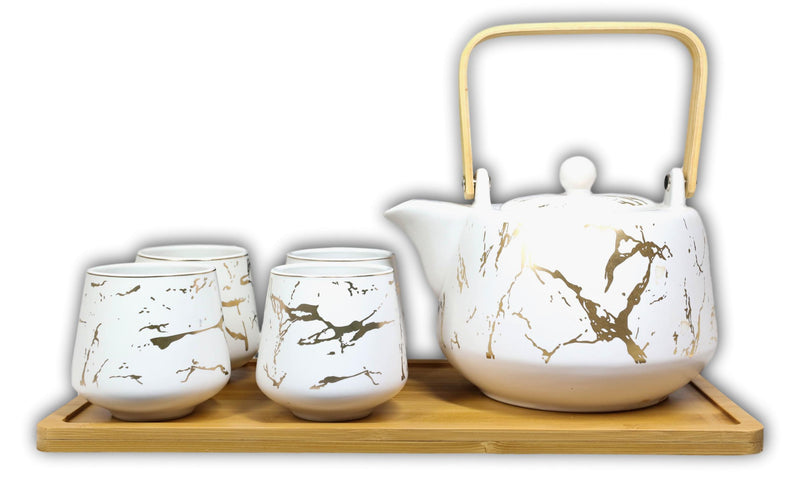 White Faux Marble With Gold Veins Ceramic Tea Pot And Cups With Tray Set For 4