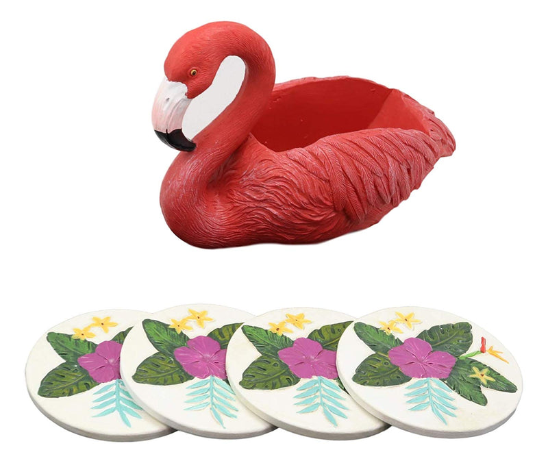 Ebros Gift Tropical Birds of Paradise Roosting Pink Flamingo Display Holder Coaster Set with 4 Rounded Colorful Floral Coasters 7" Wide