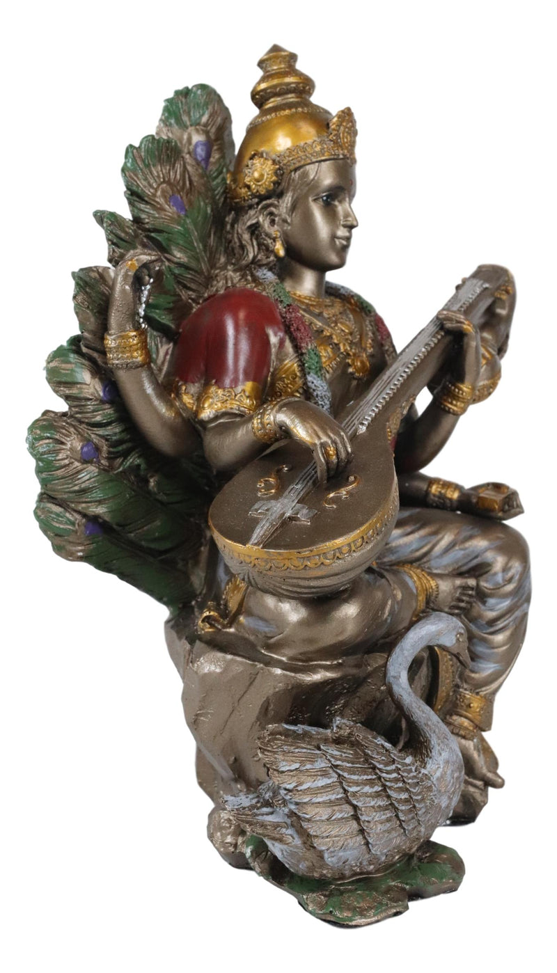 Ebros Hindu Goddess Saraswati Playing Veena With Swan On Peacock Throne Figurine