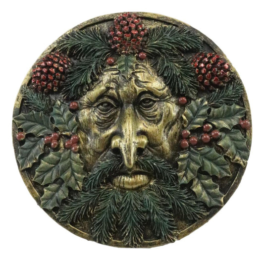 The Horned God Wiccan Winter Season Round Greenman Wall Decor Plaque 5.25"D
