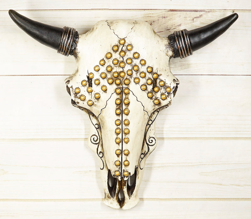 Western Bejeweled Bull Bison Cow Skull W/ Gold Beads Up Arrow Wall Decor Plaque