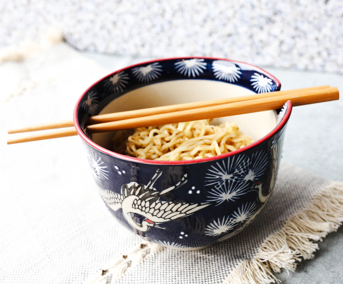 Japanese White Storks In Dark Blue Sky Ramen Soup Bowl With Chopsticks Set