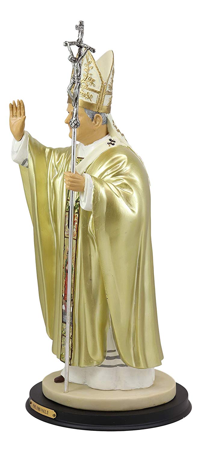 Ebros Large Venerable Pope John Paul II with Papal Ferula Crucifix in Gold Robe Statue 16.75" Tall Vatican Holy Pontiff Saint As Catholic Devout Resin Decor Figurine Brass Name Plate Base