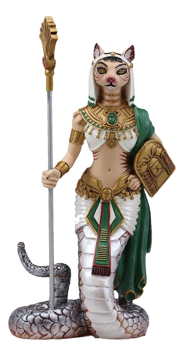 Ebros 11" Tall Colorful Egyptian Feline Goddess Bastet Cat with Slain Snake Apep Tail Holding Spear & Shield Statue 11" H Ubasti Bast Figurine - Ebros Gift