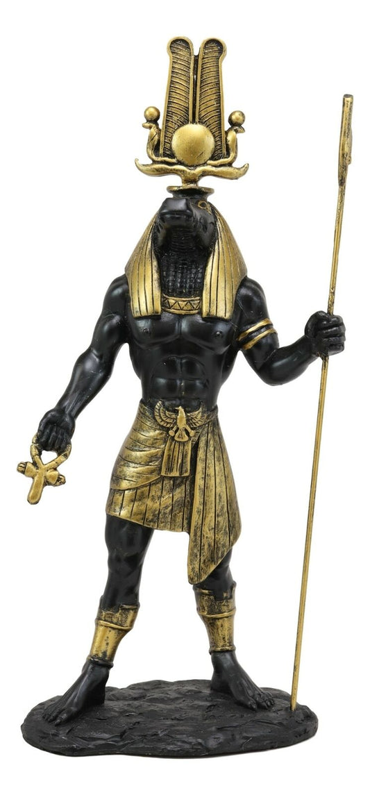 Ebros Black and Gold Egyptian Benevolent God Sobek with Crocodile Head Atef Crown and Human Body Form Statue 12" H Patron of The Nile for Crops and Fertility Gods of Egypt Accent Figurine