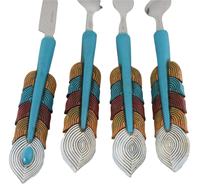 Southwest Chic Indian Turquoise Feather Flatware 4 Spoon Teaspoon Fork Knife Set
