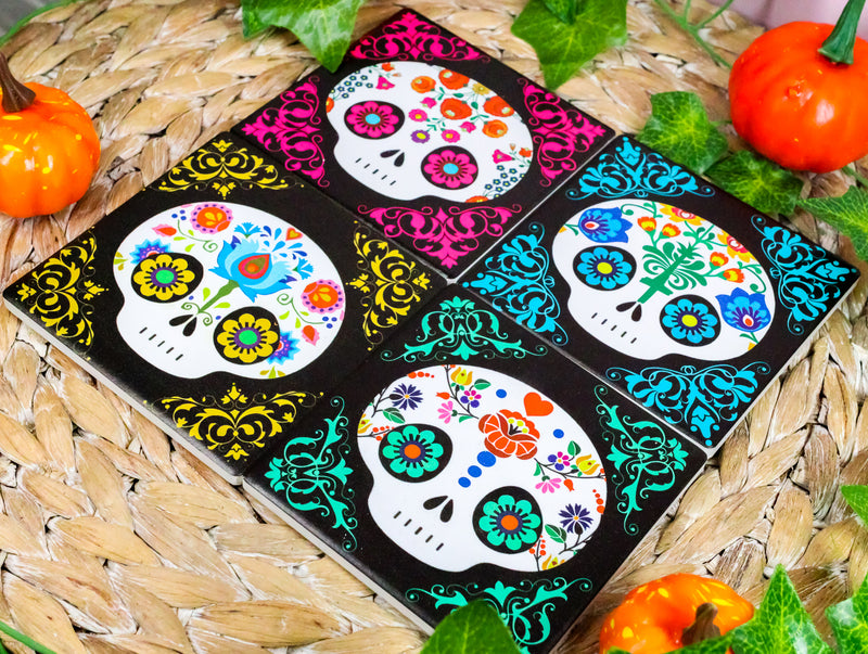 Ebros Calavera Baby Sugar Skulls DOD Ceramic Coaster Set 4 Corked Tiles