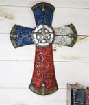 Ebros Western Lone Star W/ Tooled Faux Leather Lace Design Patriotic Texas Wall Cross