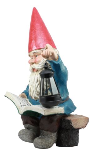 Ebros Whimsical Wizard Gnome Reading A Spell Book Statue 19"Tall With Solar LED Lantern Courtesy Path Light Sculptural Decor