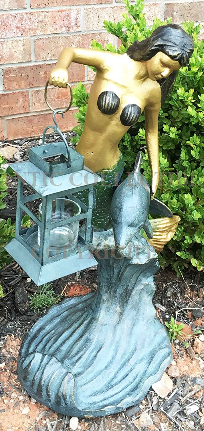 Ebros Mermaid with Dolphin Holding Candle Lantern Statue Candleholder Garden