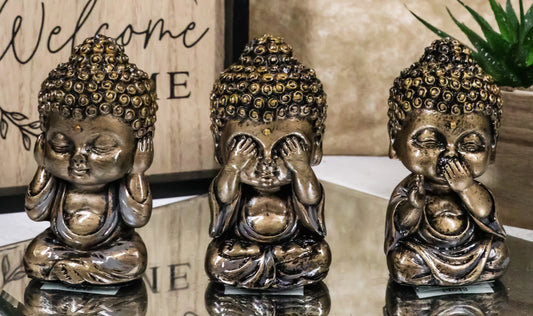 See Hear Speak No Evil Wise Kung Fu Zen Little Buddha Monks Set of 3 Figurines