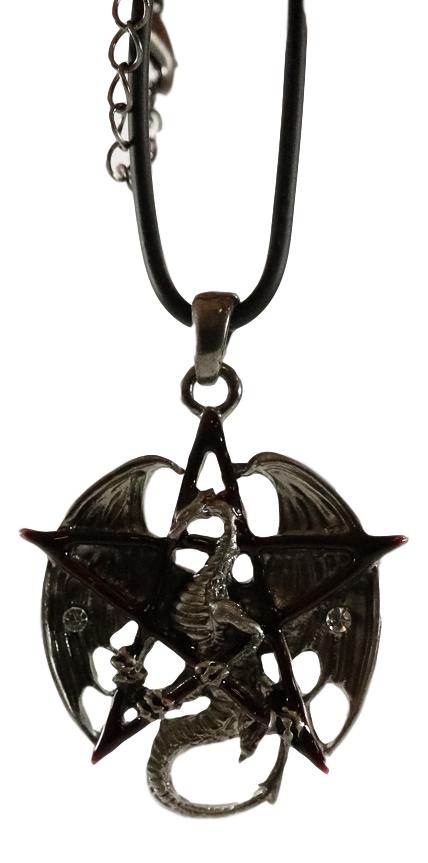 Gothic Red Pentagram Star Dragon Pendant Pewter Necklace Fantasy Mythical Legend