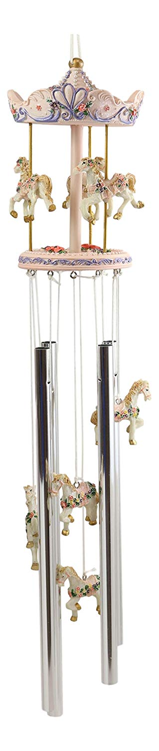 Pink Carnival Canopy Pony Horses Carousel Figurine Crown Top Resonant Wind Chime