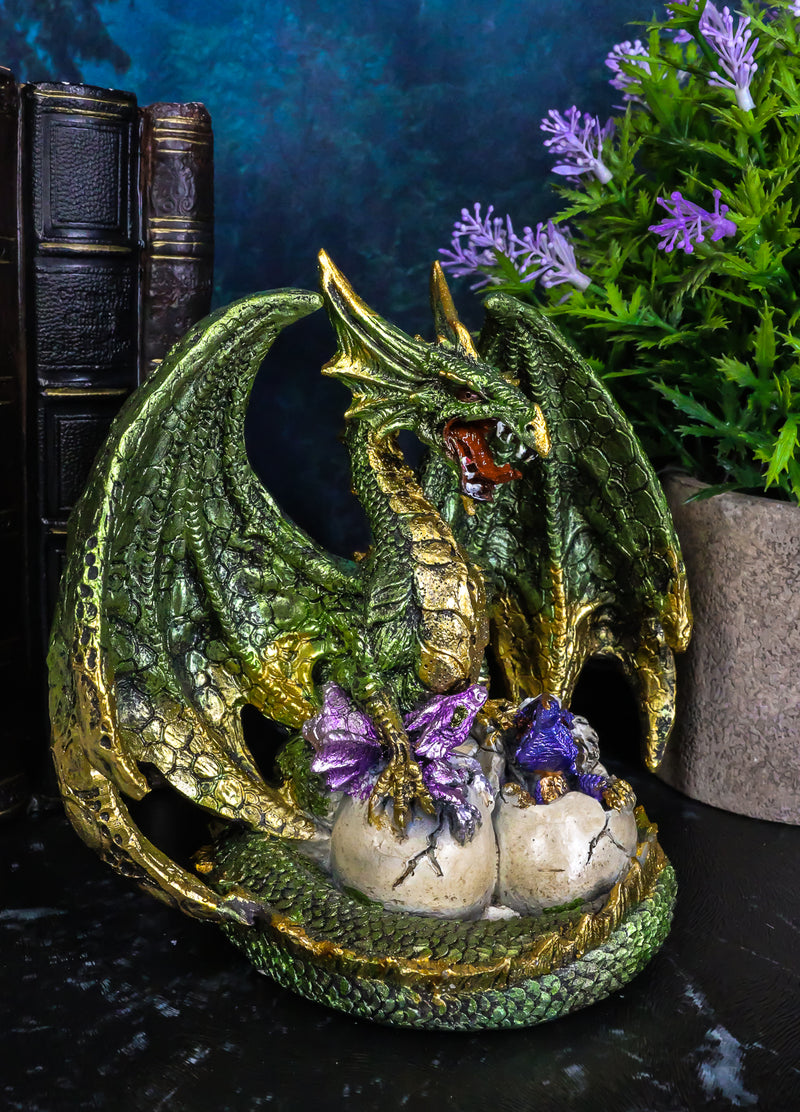 Metallic Green Gold Terra Mother Dragon Guarding 2 Wyrmlings In Eggs Figurine