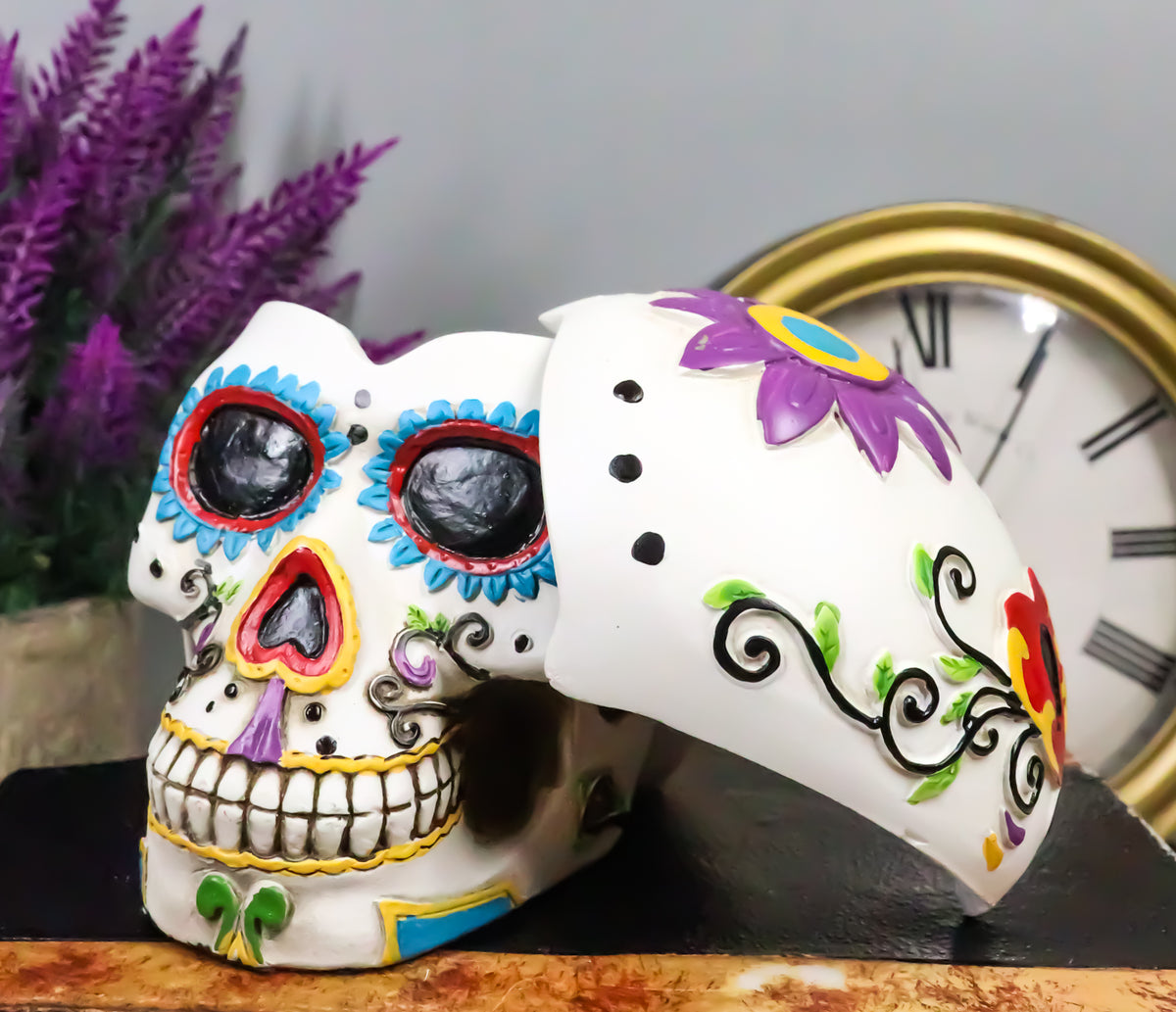 Ebros Day of The Dead White Sugar Skull Ashtray Tribal Tattoo Skull Figurine 5"Long - Ebros Gift