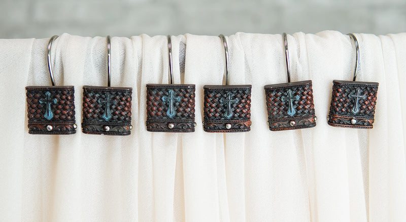 Rustic Turquoise Cross On Faux Weaved Leather Bathroom Shower Curtain Hooks 12pk