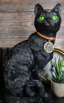 Wicca Witchcraft Green Eyed Moon Black Cat With Pentagram Necklace Figurine